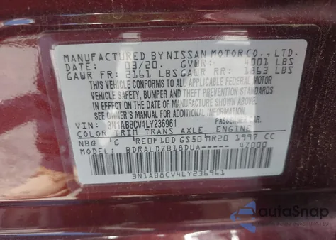 2020 Nissan Sentra Sv Xtronic Cvt from USA, damaged, VIN 3N1AB8CV4LY236961